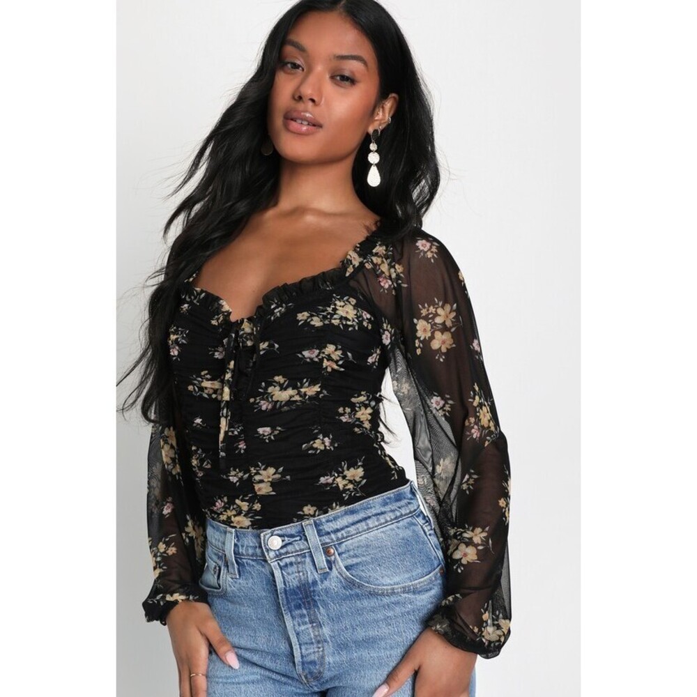 Lulus Forever In Blossom Black Floral Mesh Long Sleeve Bodysuit - Size S